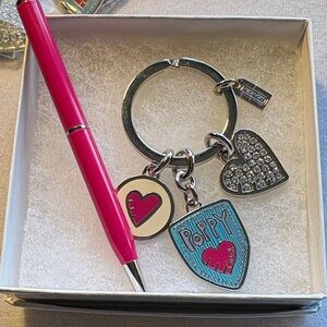 New Coach Poppy Silver and Pink Heart Bag Charm and Pen